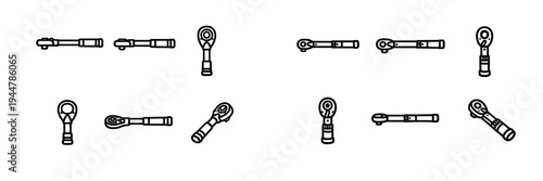 Set of ratchet wrench icons for mechanical repair and automotive maintenance work on white background
