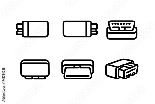 Set of computer hardware connector icons representing various data transfer ports and electronic interface components for technology design