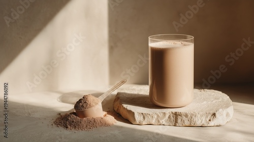Chocolate whey mass gainer protein shake and powder scoop on stone slab, highlighted by natural light for a clean, modern fitness nutrition concept, featuring supplement