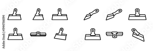 Set of putty knife and scraper line icons for construction and home renovation projects on white background