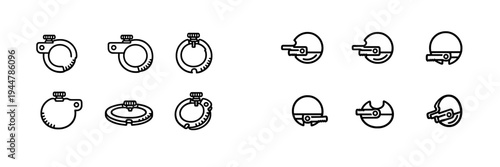 Set of industrial pipe clamp and mechanical fastener icons in various perspectives for technical engineering and plumbing design projects