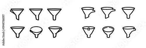 Set of minimalist funnel symbols representing sales pipeline and data filtering for web design and infographics