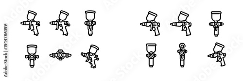 Set of professional paint spray gun icons for automotive and industrial painting applications showing different angles and views