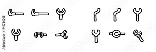 Set of minimalist line icons depicting various mechanical wrench tools and spanners for repair and maintenance work on white background