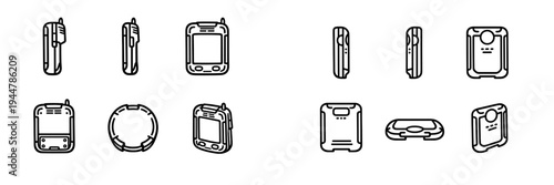 Set of rugged handheld mobile computer icons showing front side and perspective views for industrial use