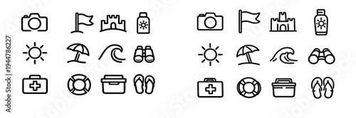 Summer beach and travel icons set featuring camera sun sandcastle umbrella wave binoculars flip-flops and first aid kit on white background
