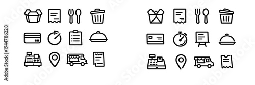 Food delivery and restaurant service line icons set featuring takeout box food truck cash register and kitchen utensils on white background