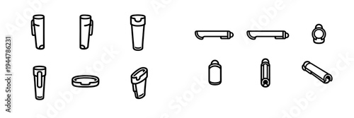 Set of pen cap icons in various angles and perspectives for product design and technical drawing isolated on white background