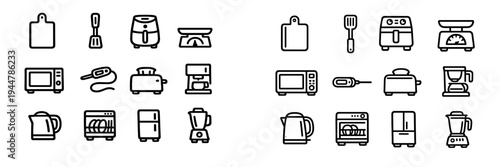 Kitchen appliance and cooking tool line icon set featuring refrigerator microwave toaster blender coffee maker and air fryer