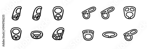 Set of climbing carabiners and snap hook icons for industrial safety and outdoor sports equipment on white background