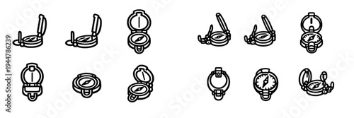 Set of black and white compass icons showing various angles and positions for navigation and travel design elements on a white background