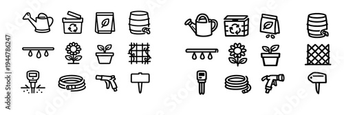 Gardening and agriculture line icon set featuring watering can compost bin seeds irrigation flower potted plant hose and soil tester