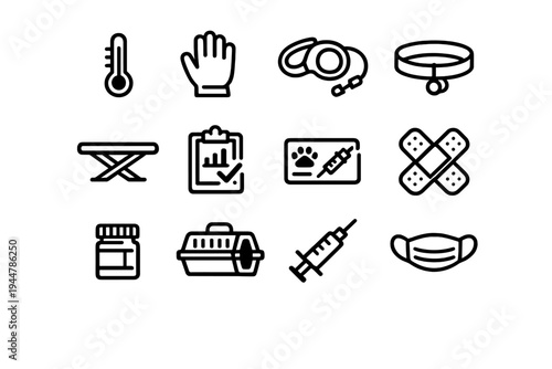 Veterinary medicine and pet care line icons set featuring medical equipment for animal health services and clinic treatment