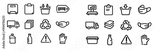 Logistics and recycling line icon set featuring delivery truck recycling symbol face mask warning sign and shipping equipment