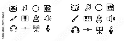Collection of musical instrument and audio equipment line icons including drum piano keys headphones metronome and musical notes