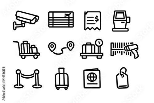 Collection of travel and airport icons featuring security camera luggage cart passport suitcase and flight schedule board