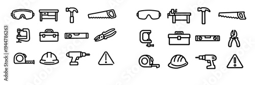 Collection of construction and carpentry tool icons including hammer saw drill and safety gear on white background