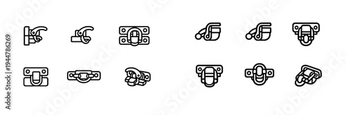 Set of industrial latch and toggle fastener icons for hardware and mechanical equipment design isolated on white background