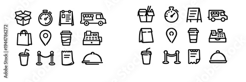 Set of food delivery and retail line icons including food truck shopping bag cash register and stopwatch on white background