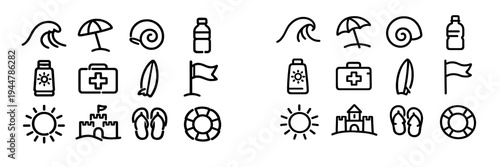 Summer beach vacation line icons set featuring sun wave umbrella surfboard sandcastle and sunscreen for travel and holiday design