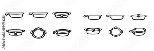 Set of kitchen cookware icons including frying pans and cooking pots from side and top views on white background