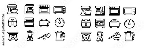 Collection of kitchen appliance line icons including microwave oven toaster blender coffee maker and mixer for home cooking and food
