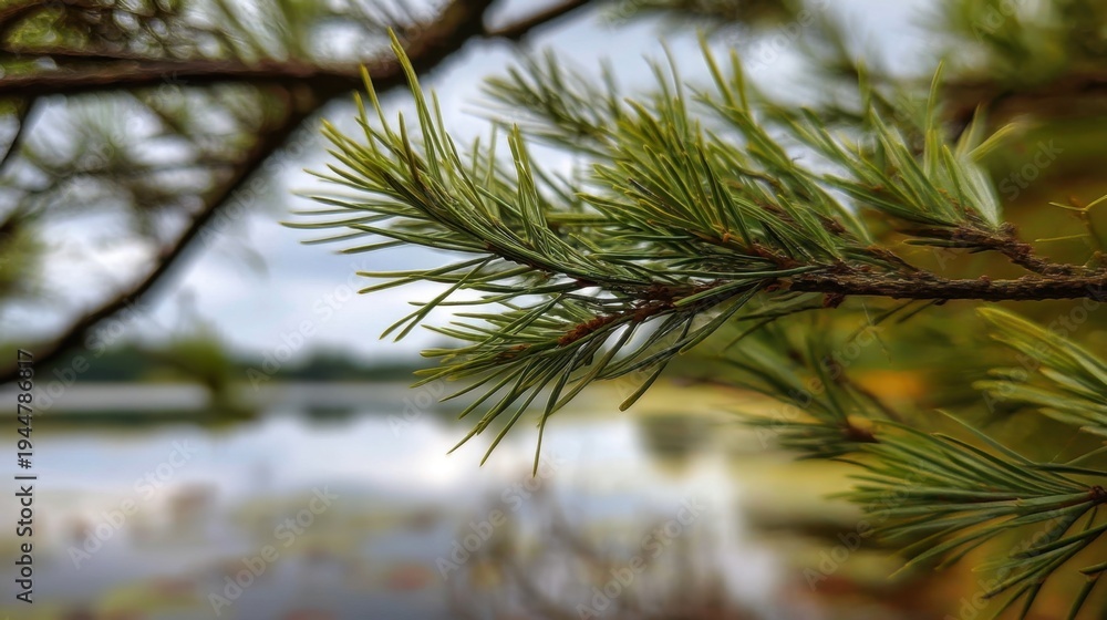 Naklejka premium Close-Up View of Fresh Pine Tree Needles Against a Softly Blurred Natural Landscape Background