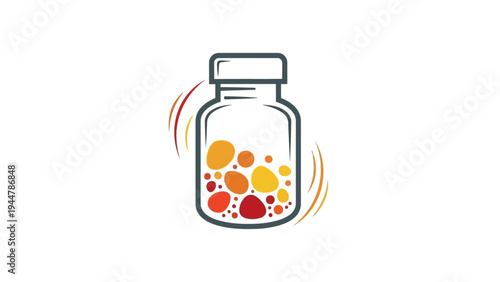 Colorful vitamin pill bottle illustration.