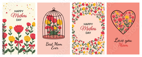 Mother’s Day greeting card set with flowers, heart and bird cage illustrations