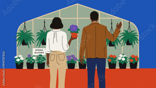 Greenhouse Gardening Illustration. Illustration of people working inside greenhouse growing plants. Concept of modern agriculture and plant cultivation.