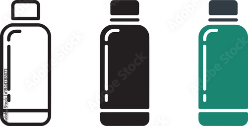 Bottle vector icon set in outline, solid, and colored styles