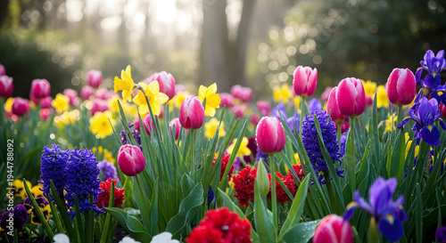 Vibrant spring flowerbed with pink tulips yellow daffodils and purple hyacinths in soft sunlight full hd 4k stock image download