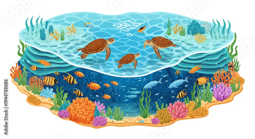 Isometric vector illustration of sea turtles and various sea animals swimming in a vibrant underwater scene with coral reef, seaweed forest, and colorful coral, celebrating world wildlife