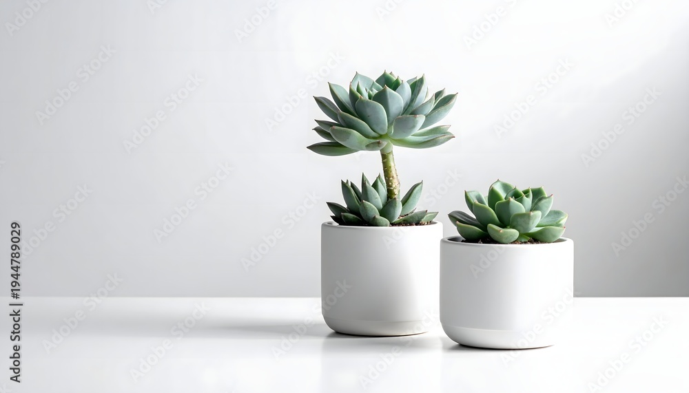 Fototapeta premium Two potted succulents on a white table against a plain background