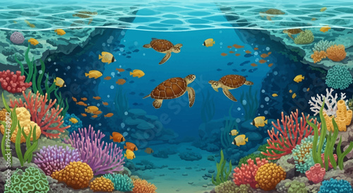 Isometric vector illustration of sea turtles and various sea animals swimming in a vibrant underwater scene with colorful coral reef and ocean wildlife on World Wildlife Day