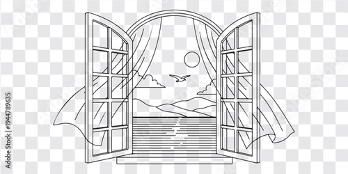 Open Window Cartoon Line Drawing Illustration Showing Scenic Landscape With Mountains Water Bird Concept