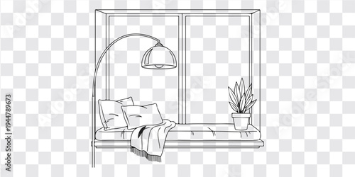 Window Nook Cartoon Line Drawing Illustration Showing Cozy Interior Design With Relaxation Comfort Concept