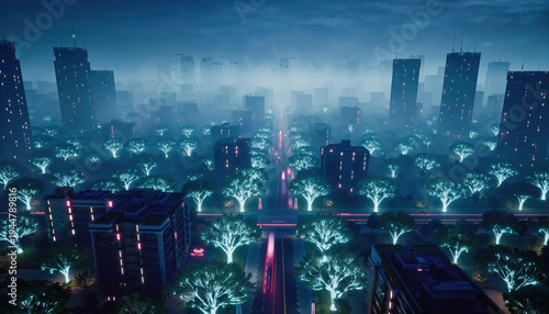 City skyline at night with bright trees and roads in a modern urban setting full of lights