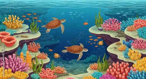 Isometric vector illustration of two sea turtles swimming in a vibrant underwater scene with colorful coral reef and various sea animals on world wildlife day