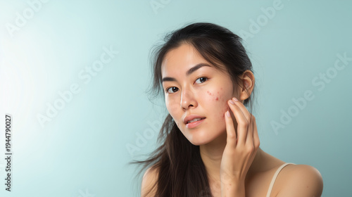Beautiful young Asian woman touching clean face skin on light blue background, beauty portrait, skincare, natural makeup, healthy skin, facial care, cosmetology, wellness, spa, self care, acne
