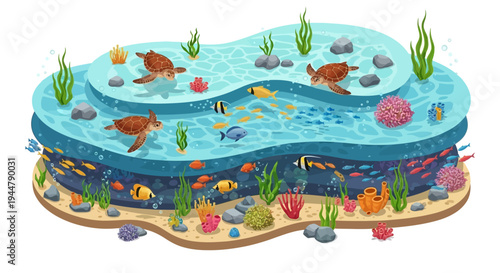 Isometric vector illustration of a vibrant underwater scene with sea turtles, fish, and sea animals in a colorful coral reef ecosystem on world wildlife day