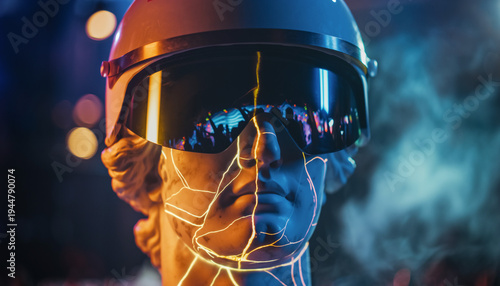 Portrait of a statue wearing a helmet with modern glasses and colorful lights in the background during a party at night