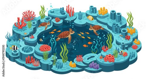 Isometric vector illustration of a vibrant underwater scene with sea turtles and various sea animals swimming around colorful coral reefs and seaweed in a tropical ocean