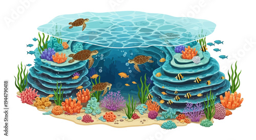 Isometric vector illustration of a vibrant underwater scene with sea turtles and various sea animals swimming near colorful coral reefs and seaweed forests on ocean floor for World Wildlife