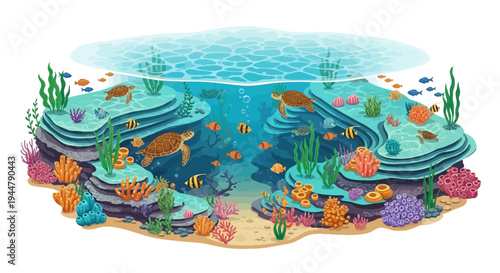 Isometric vector illustration of a vibrant underwater scene with sea turtles, fish, and coral reef, showcasing marine life and oceanic ecosystem on world wildlife day