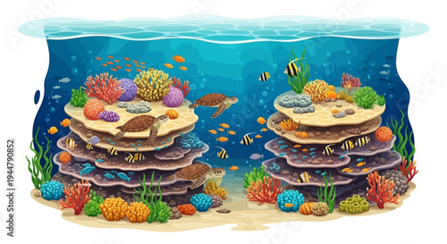 Isometric vector illustration of a vibrant underwater scene with sea turtles and diverse marine life in a colorful coral reef ecosystem on world wildlife day
