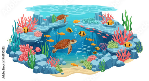 Isometric vector illustration of a vibrant underwater scene with sea turtles and various sea animals swimming around colorful coral reefs and seaweed in a tropical ocean