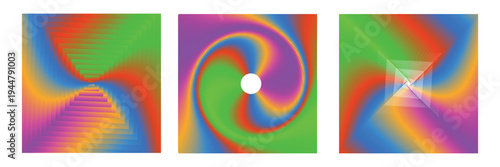 Abstract colorful swirl panels with gradient vortex, prism, and geometric shapes in red, green, blue, purple, orange, and yellow, vibrant digital art for design, branding, and creative projects