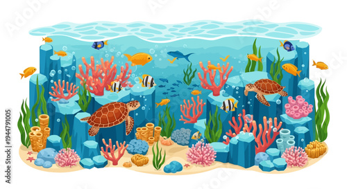 Isometric vector illustration of a vibrant underwater scene with sea turtles, fish, and coral reefs, showcasing marine life and oceanic ecosystem on World Wildlife Day