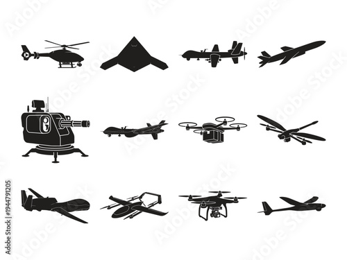 Military and civilian drone silhouettes set including uav aircraft quadcopters robotic sentry gun stealth wings and aerial delivery systems